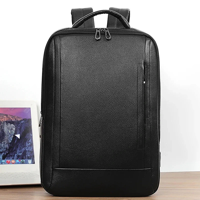 Black Leather Laptop Backpack – 15.6 Inch Business Work Backpack