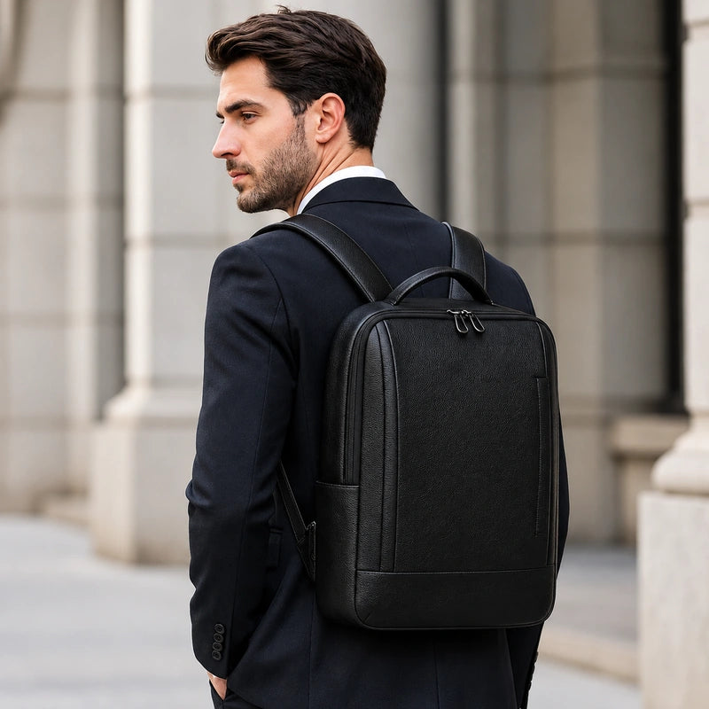 Black Leather Laptop Backpack – 15.6 Inch Business Work Backpack