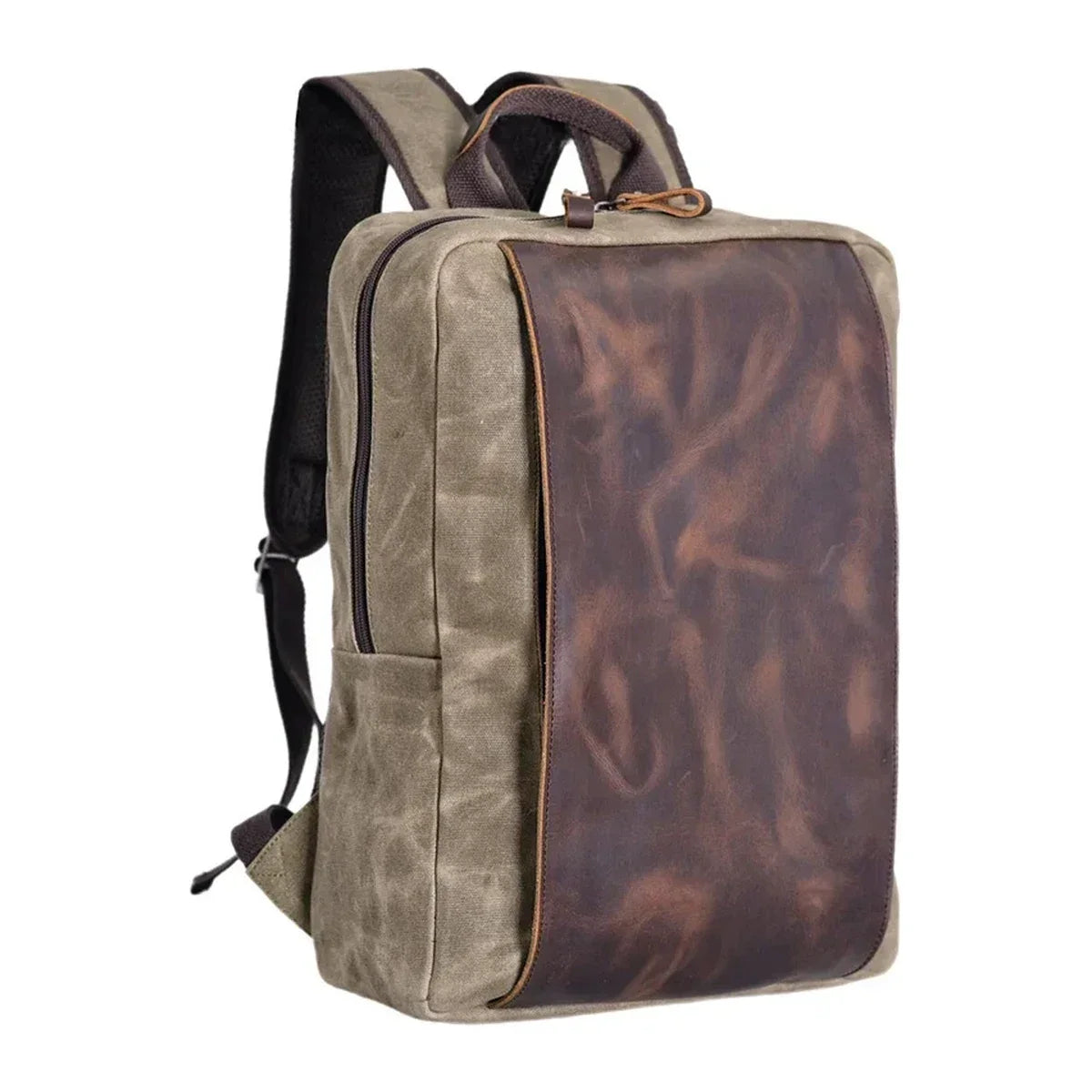 Slim Canvas Laptop Backpack with Leather Front Panel - Sage Green