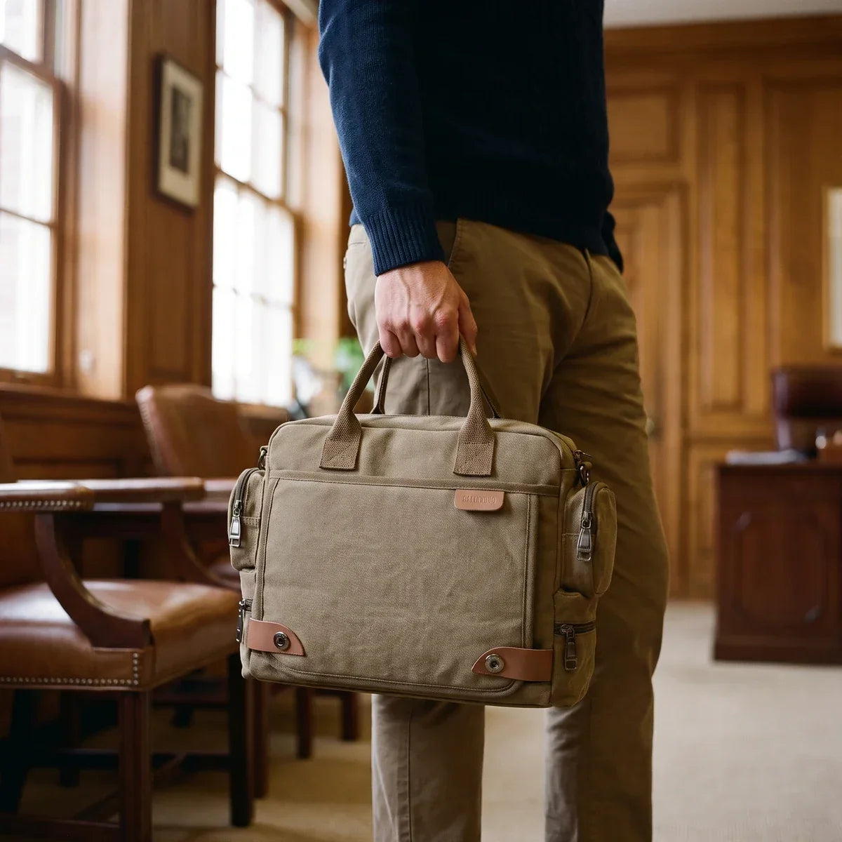 Men’s Canvas Briefcase Bag with Side Zip Pockets for Work and Commute