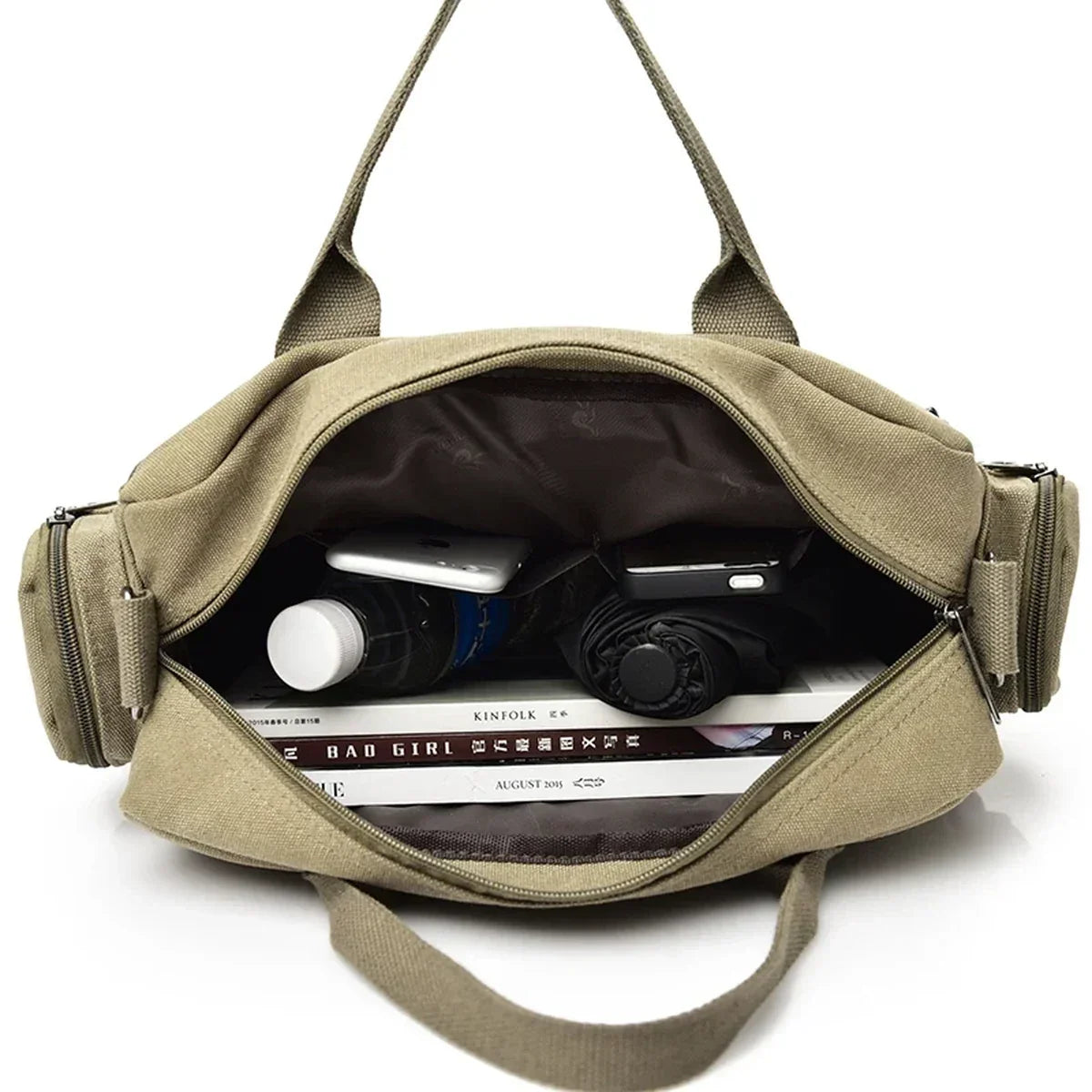 Men’s Canvas Briefcase Bag with Side Zip Pockets for Work and Commute