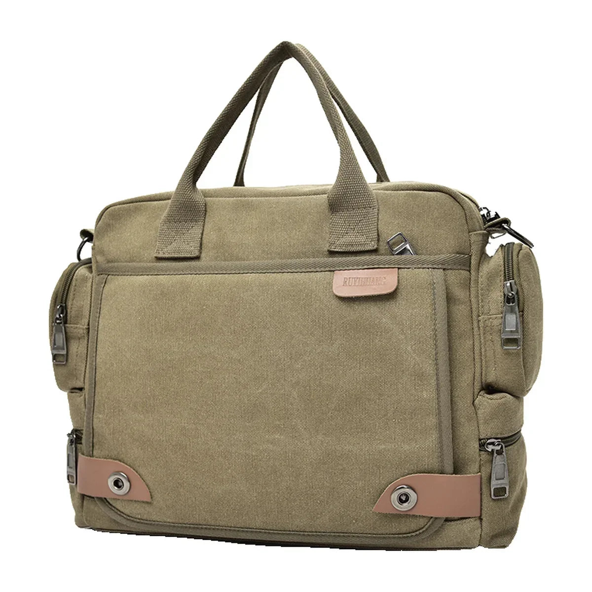 Men’s Canvas Briefcase Bag with Side Zip Pockets for Work and Commute - Khaki