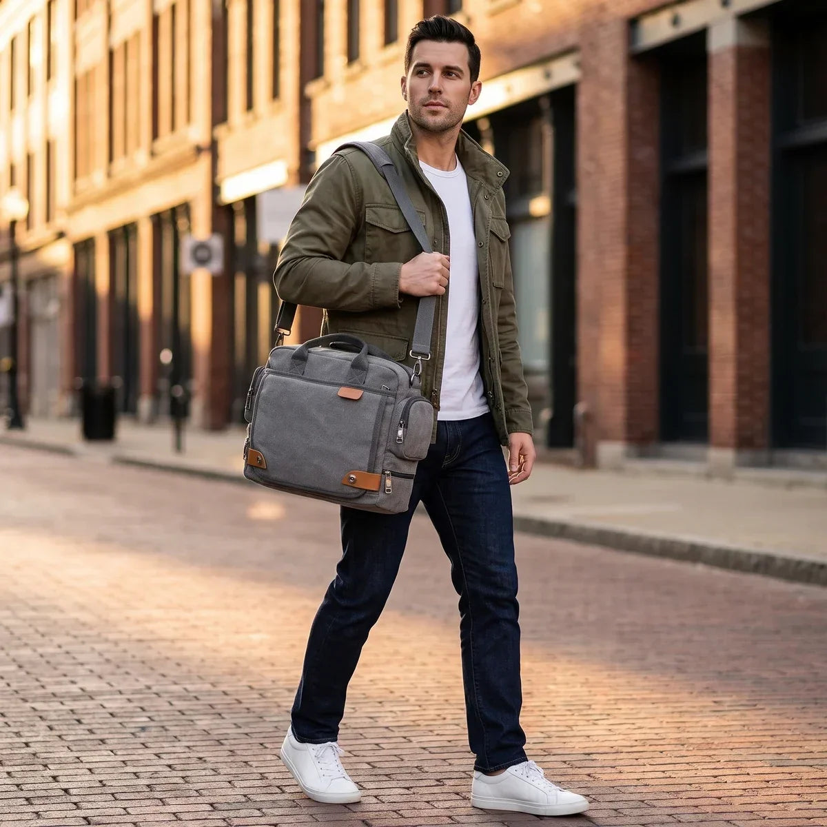 Men’s Canvas Briefcase Bag with Side Zip Pockets for Work and Commute