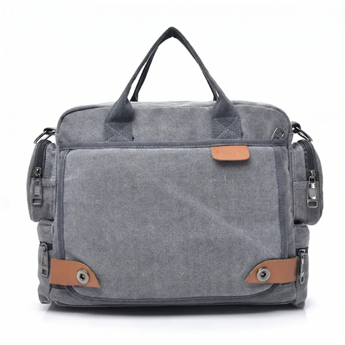 Men’s Canvas Briefcase Bag with Side Zip Pockets for Work and Commute - Gray