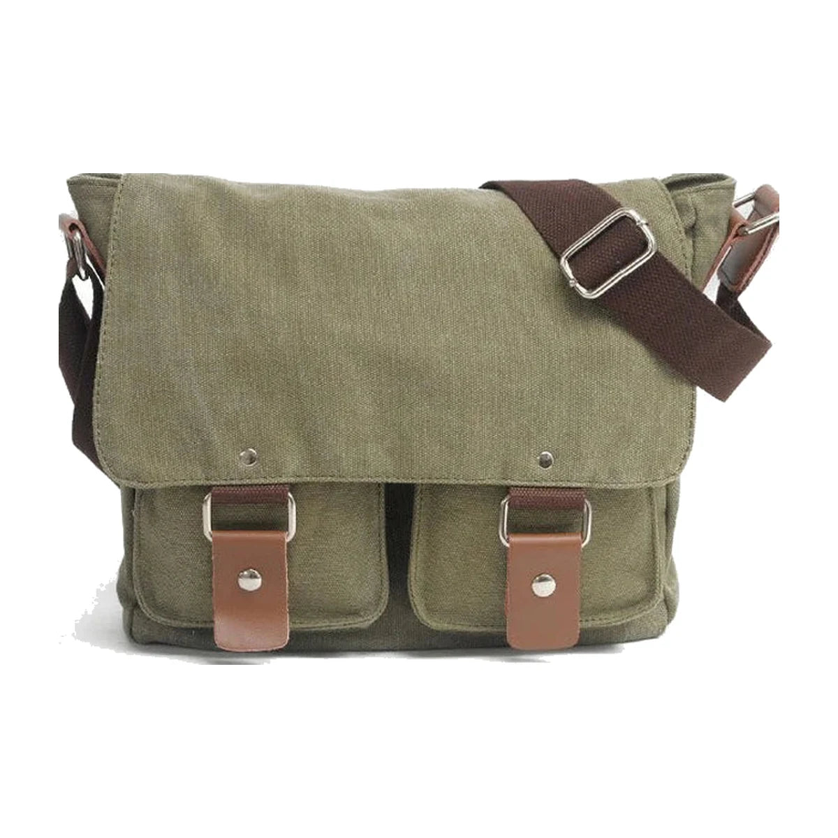 Army Green canvas compact camera messenger bag with flap and two buckle pockets