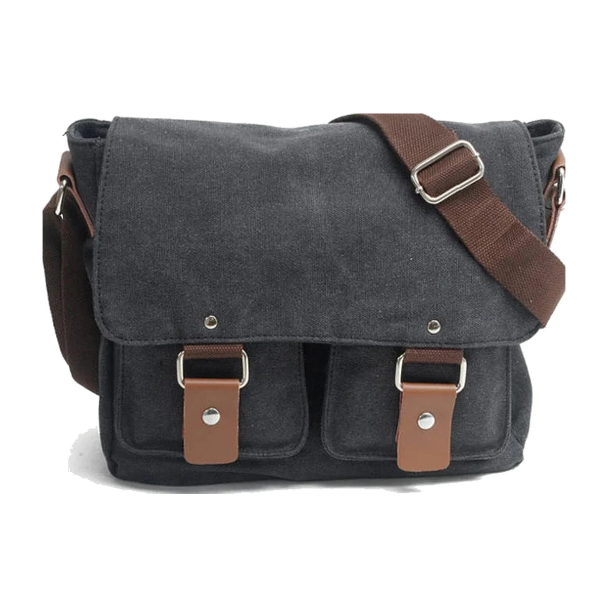 Black canvas compact camera messenger bag with two front buckle pockets on a white background