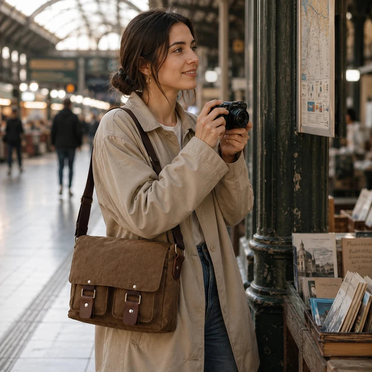Woman wearing the Coffee canvas camera messenger bag across her body at a train station while holding a camera