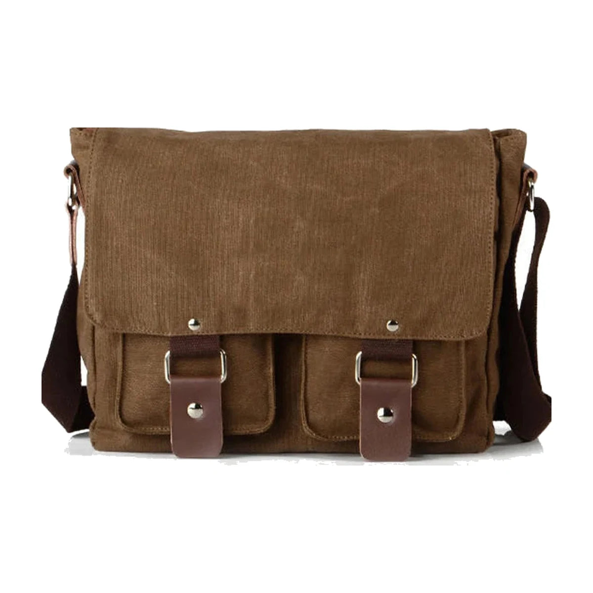 Coffee brown canvas compact camera messenger bag with flap and two buckle pockets
