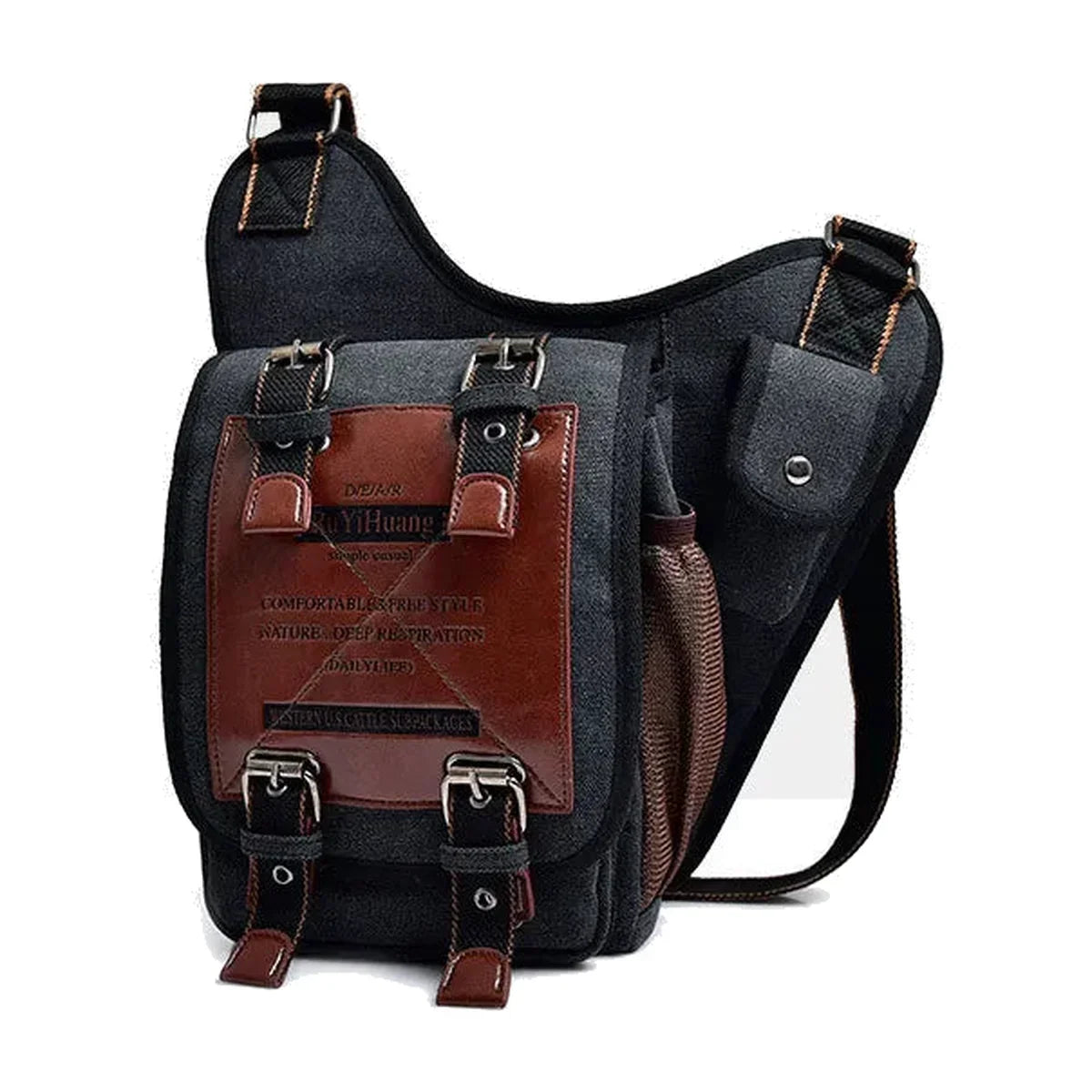 Canvas Saddle Crossbody Bag - Front Panel Buckle Flap & Mesh Side Pocket - Black