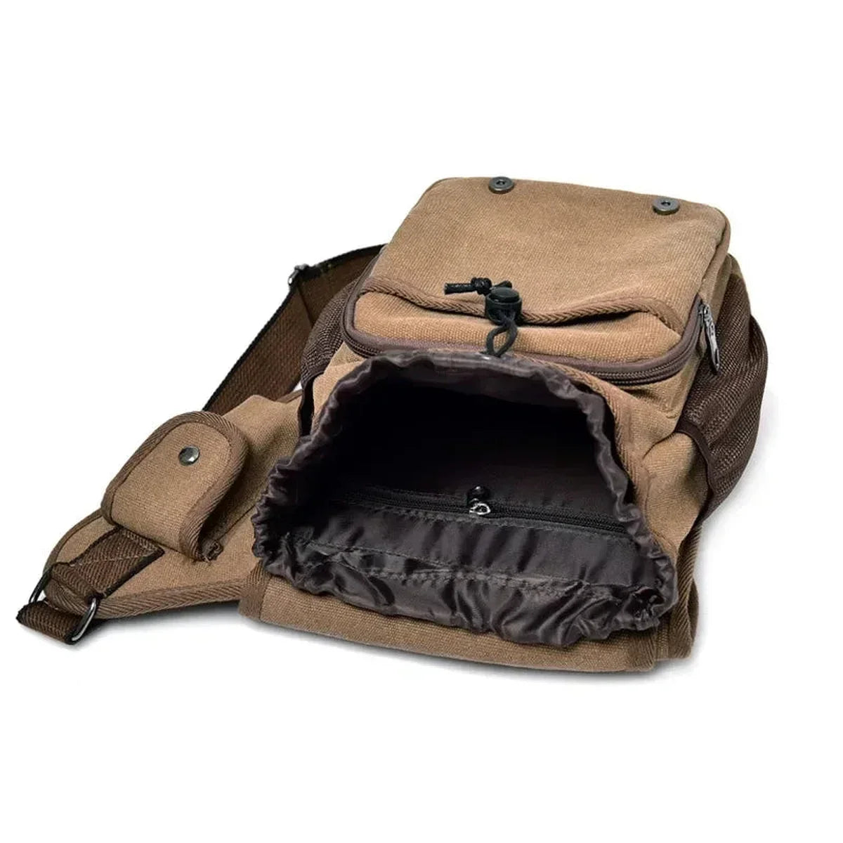 Canvas Saddle Crossbody Bag - Front Panel Buckle Flap & Mesh Side Pocket