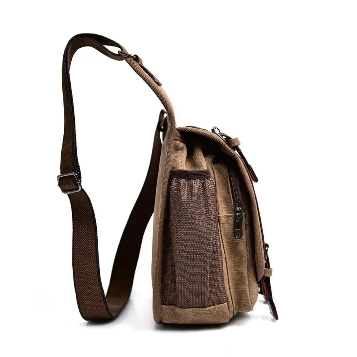 Canvas Saddle Crossbody Bag - Front Panel Buckle Flap & Mesh Side Pocket