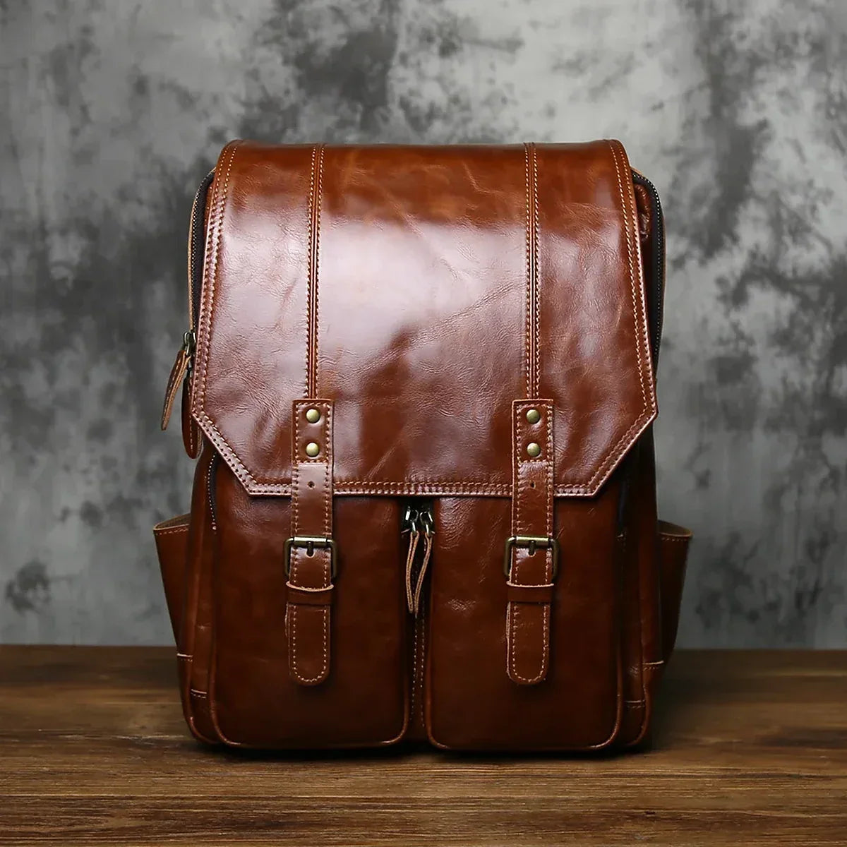 Crazy Horse Leather Flap Backpack for 16 Inch Laptops