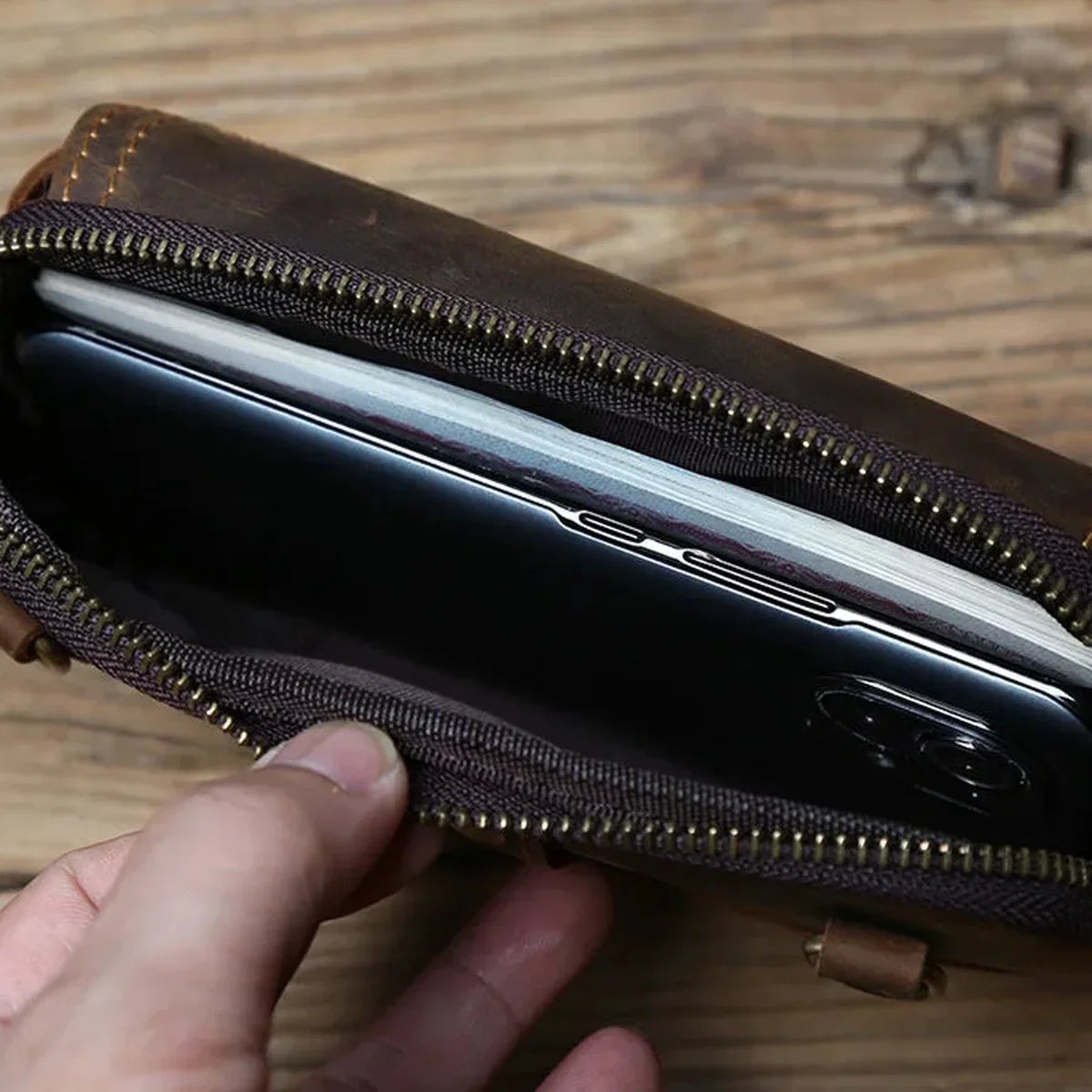 Crazy Horse Leather Belt Pouch - Zip Top Envelope Flap & Wrist Strap