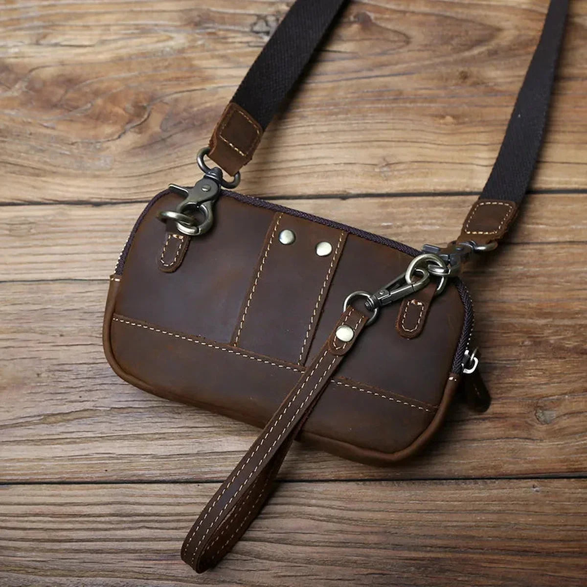 Crazy Horse Leather Belt Pouch - Zip Top Envelope Flap & Wrist Strap