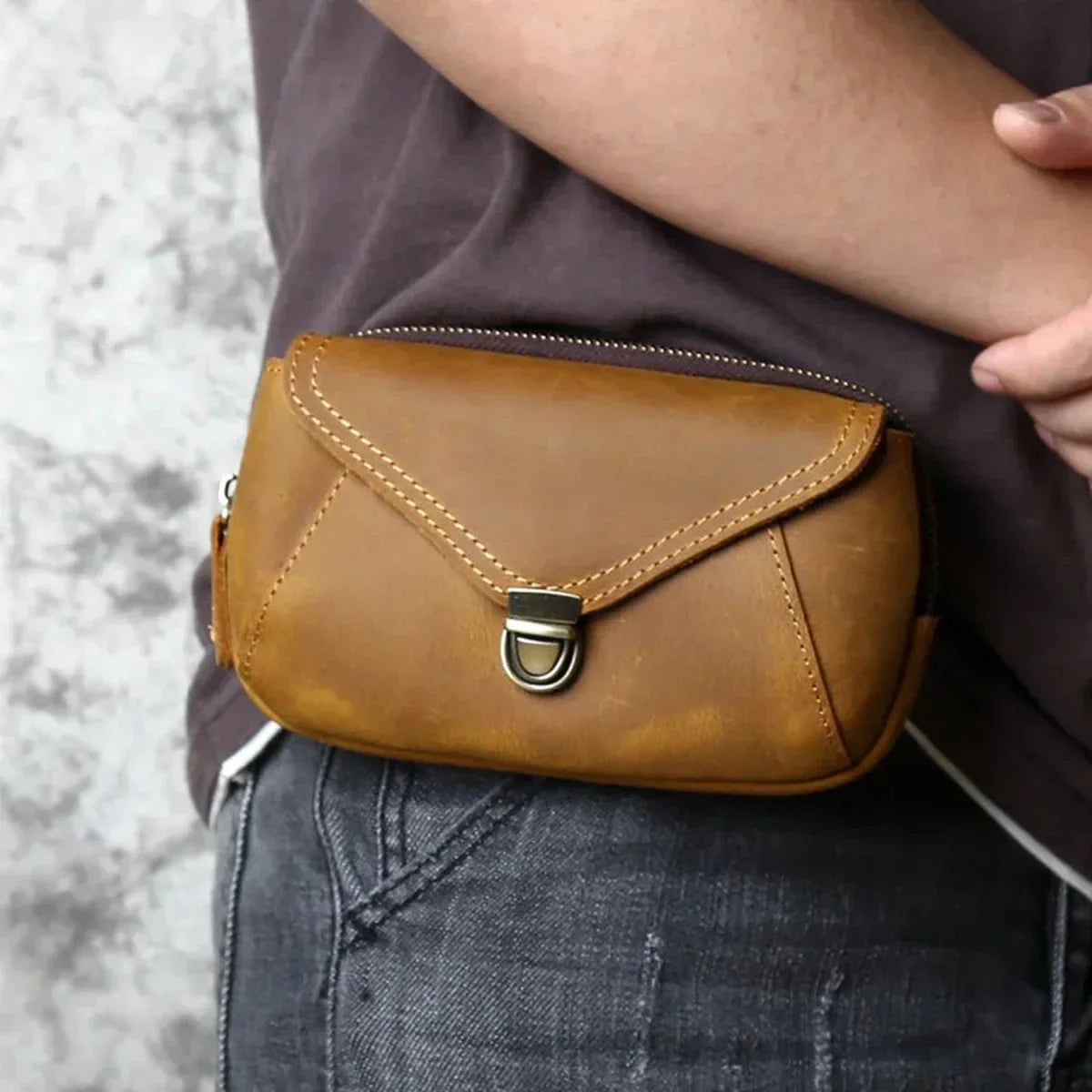 Crazy Horse Leather Belt Pouch - Zip Top Envelope Flap & Wrist Strap