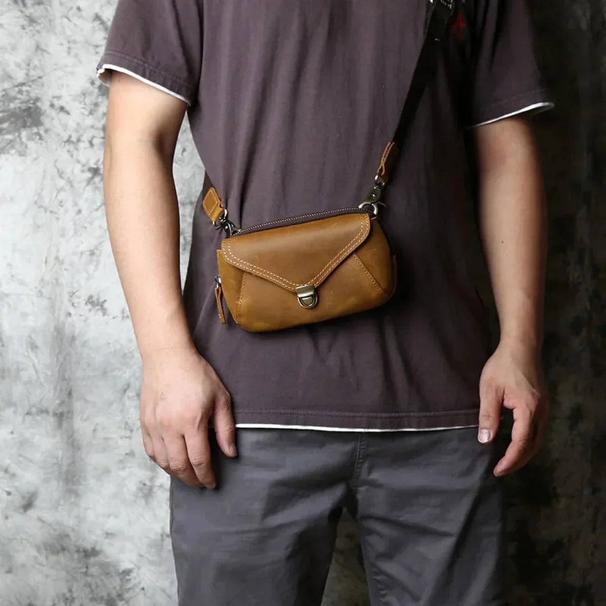 Crazy Horse Leather Belt Pouch - Zip Top Envelope Flap & Wrist Strap