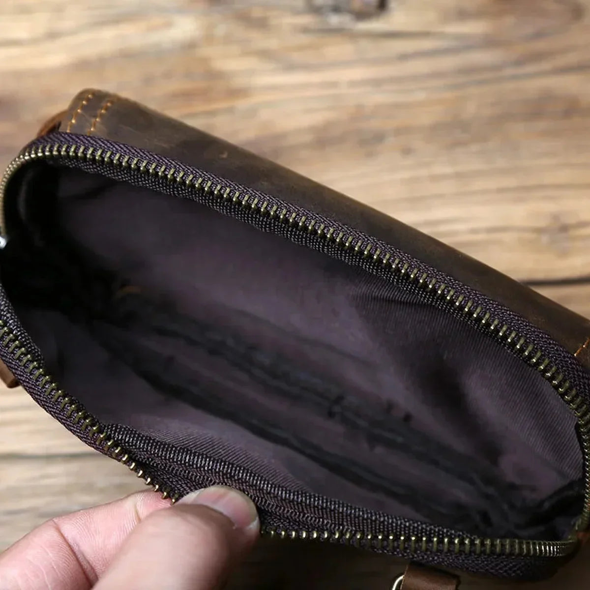 Crazy Horse Leather Belt Pouch - Zip Top Envelope Flap & Wrist Strap