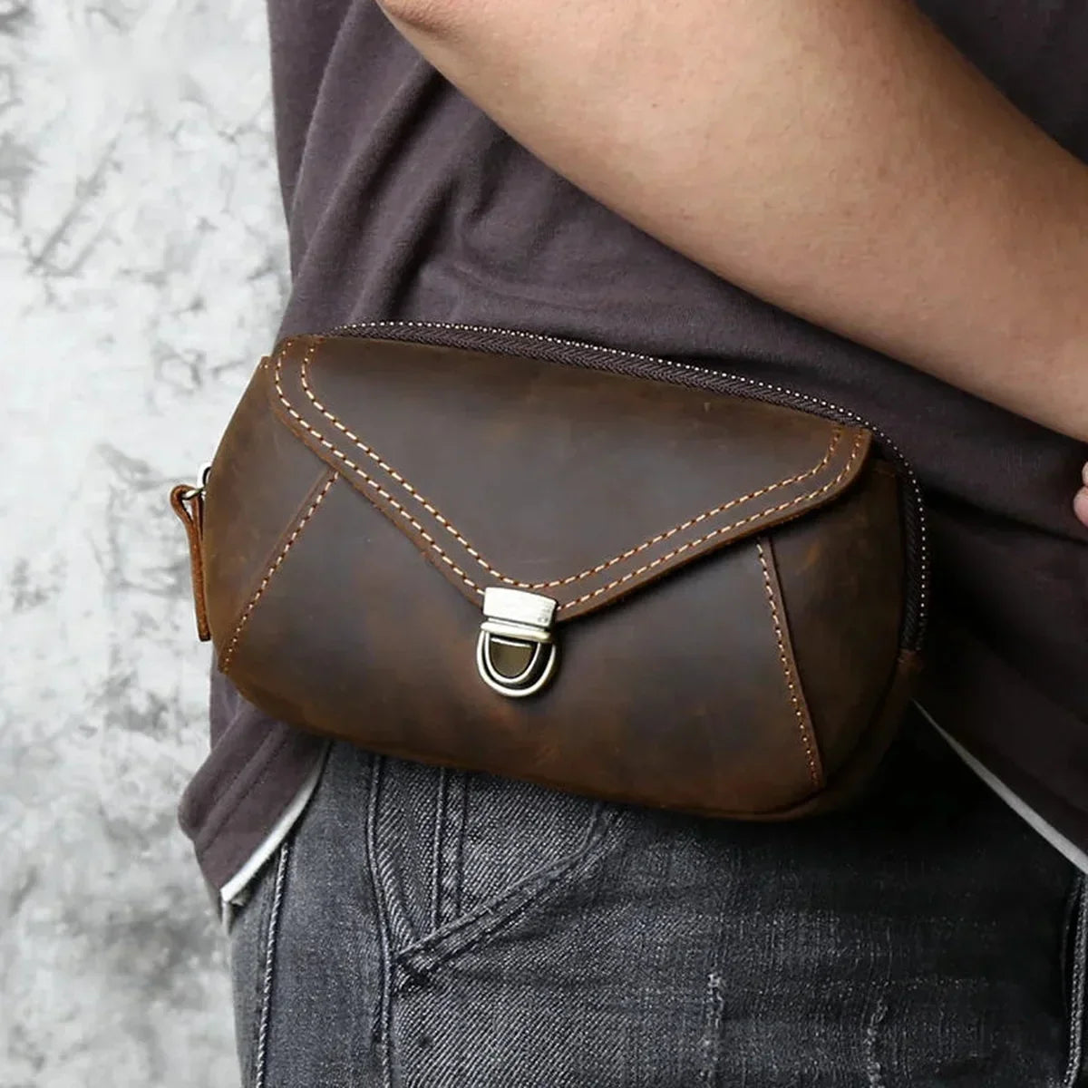 Crazy Horse Leather Belt Pouch - Zip Top Envelope Flap & Wrist Strap