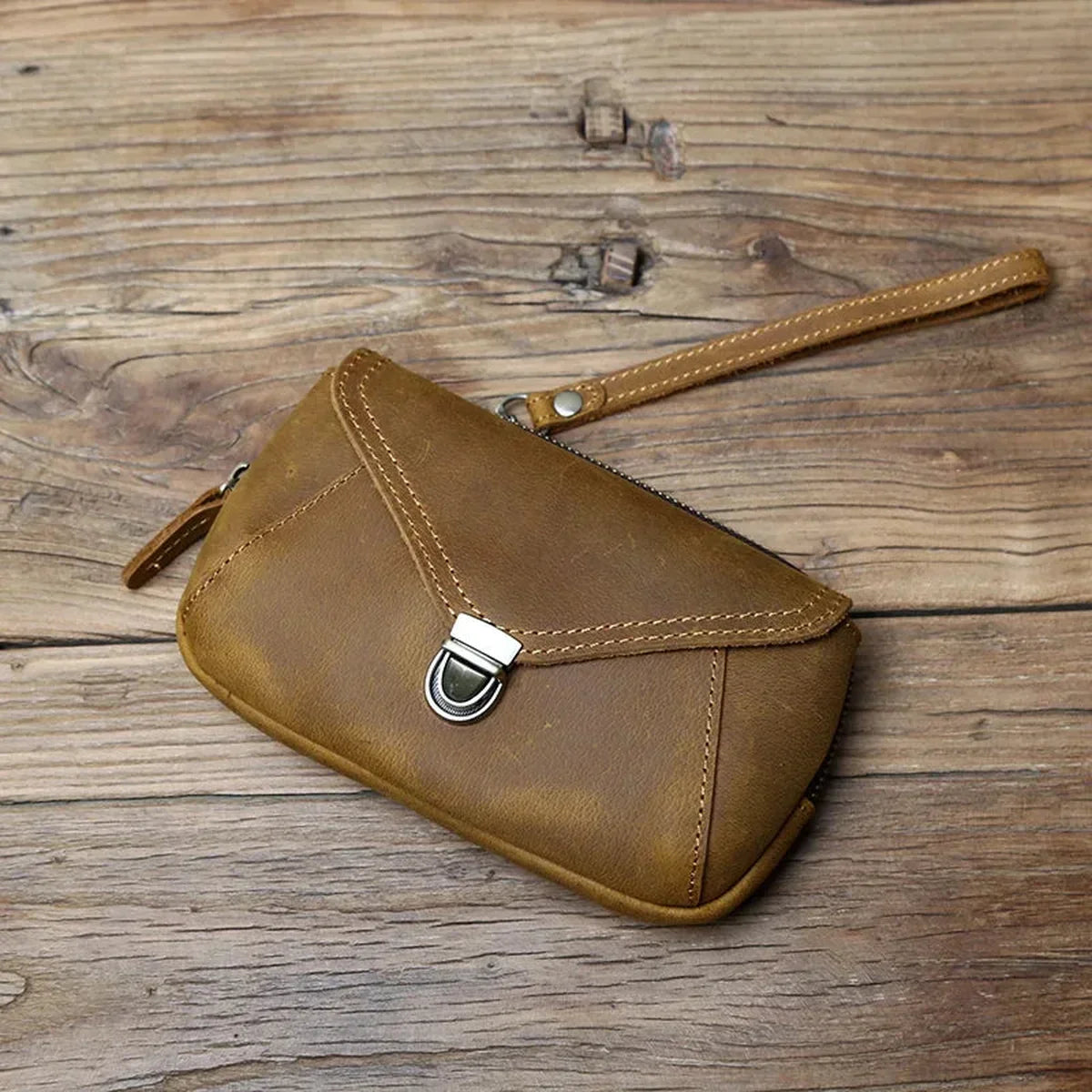 Crazy Horse Leather Belt Pouch - Zip Top Envelope Flap & Wrist Strap