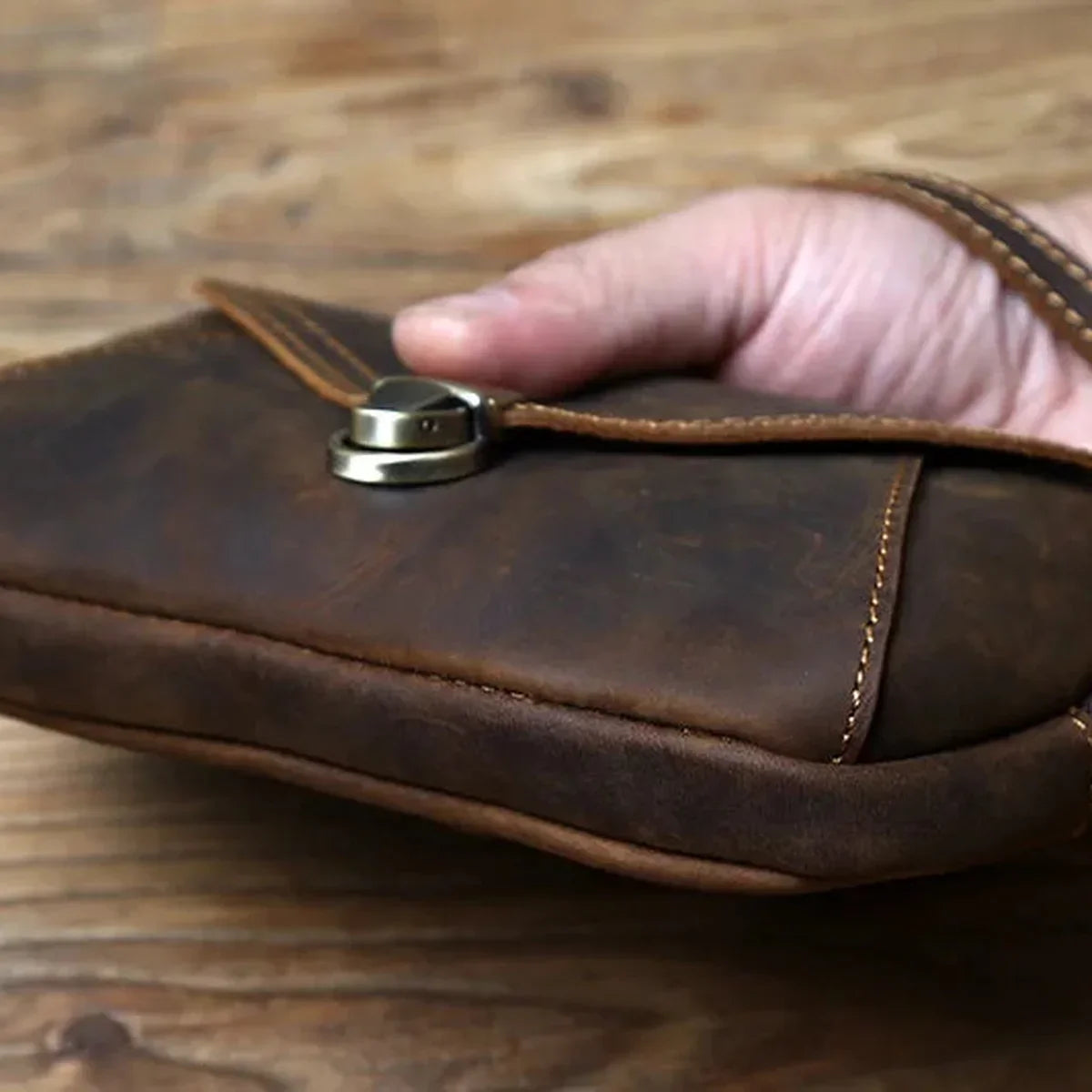 Crazy Horse Leather Belt Pouch - Zip Top Envelope Flap & Wrist Strap