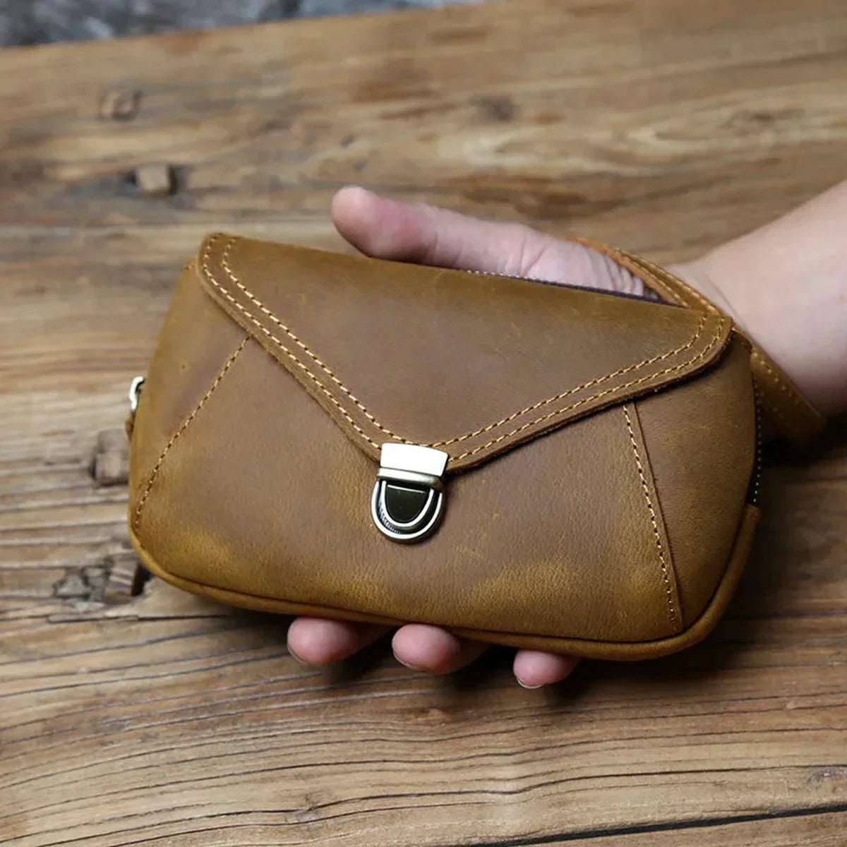 Crazy Horse Leather Belt Pouch - Zip Top Envelope Flap & Wrist Strap