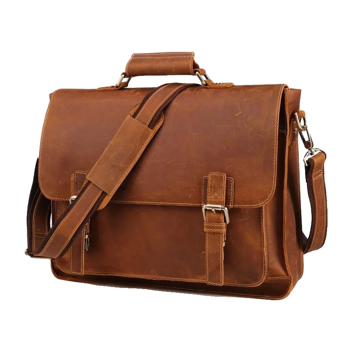 Crazy Horse Satchel Briefcase with Back Zip Pocket - Brown