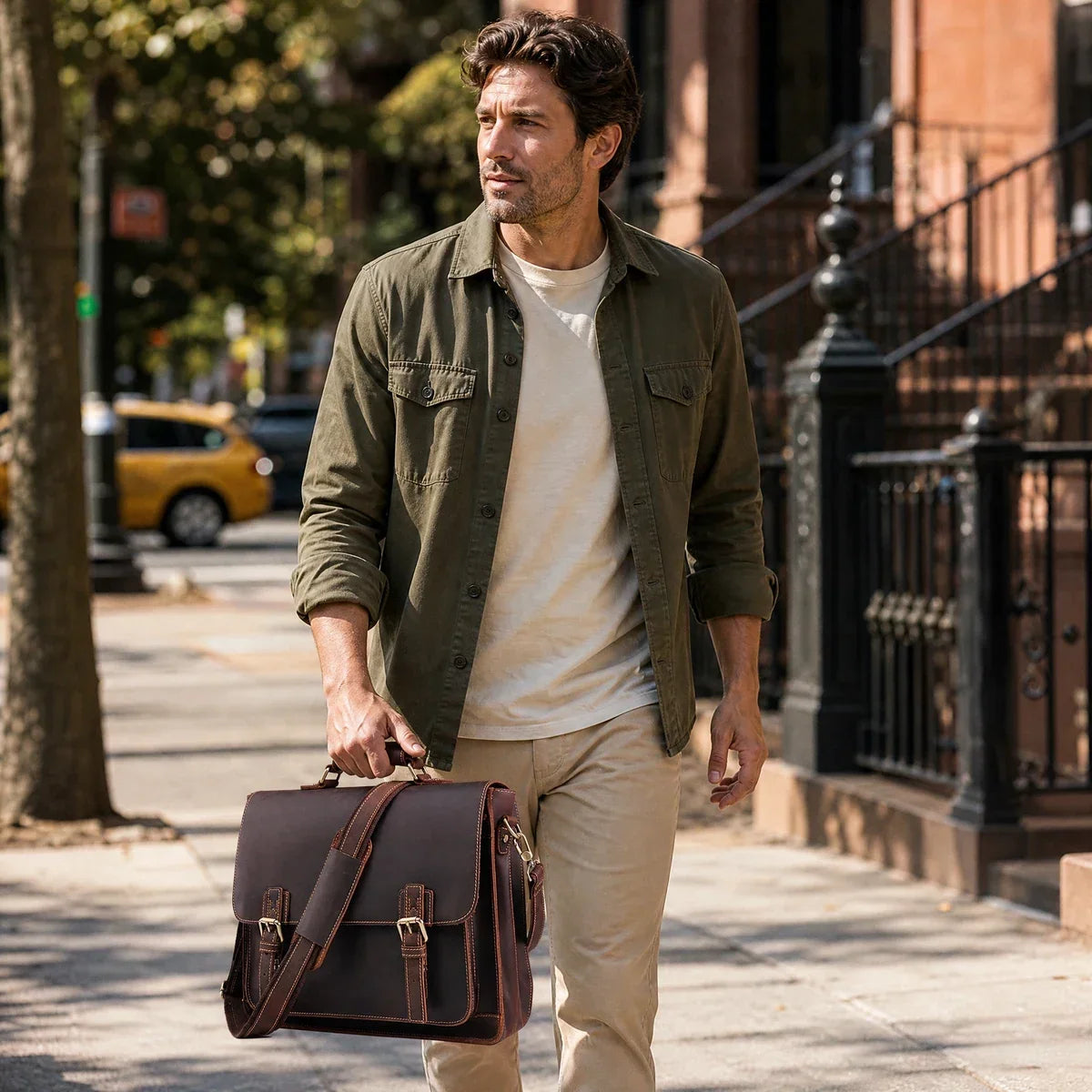 Crazy Horse Satchel Briefcase with Back Zip Pocket