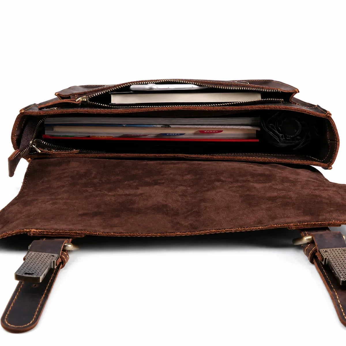 Crazy Horse Satchel Briefcase with Back Zip Pocket