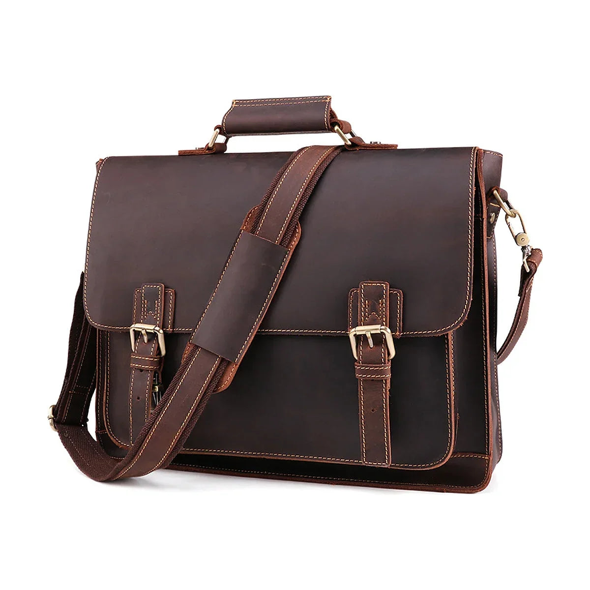 Crazy Horse Satchel Briefcase with Back Zip Pocket - Dark Coffee