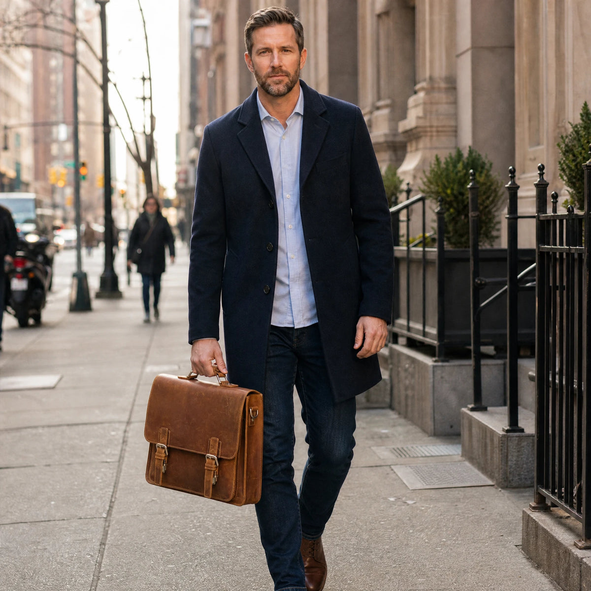 Man in a navy overcoat carrying the crazy horse leather briefcase