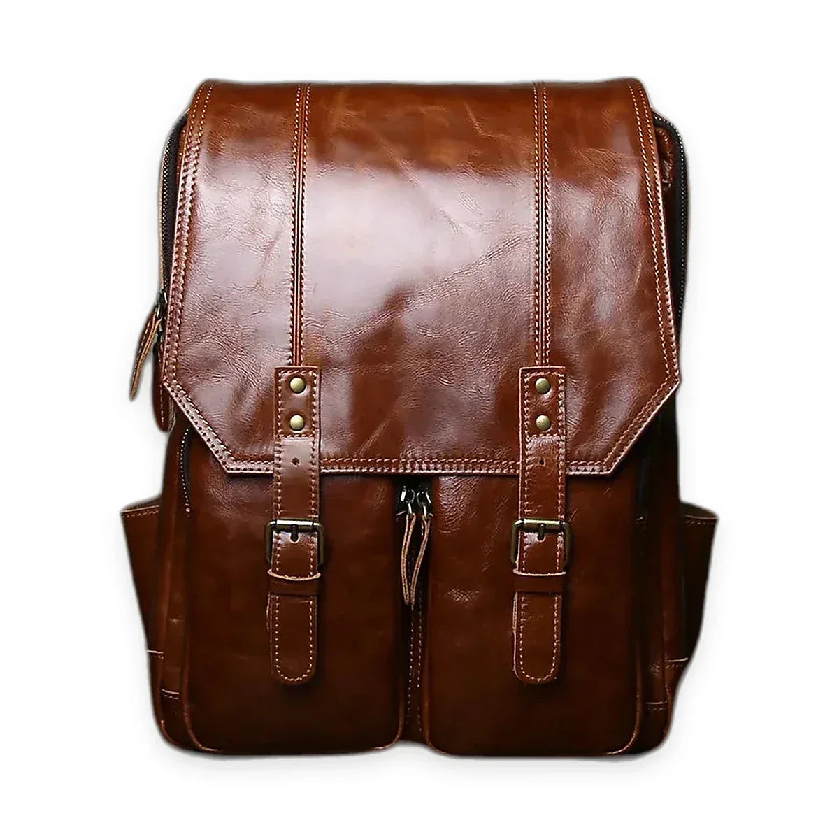 Crazy Horse Leather Flap Backpack for 16 Inch Laptops - Reddish Brown