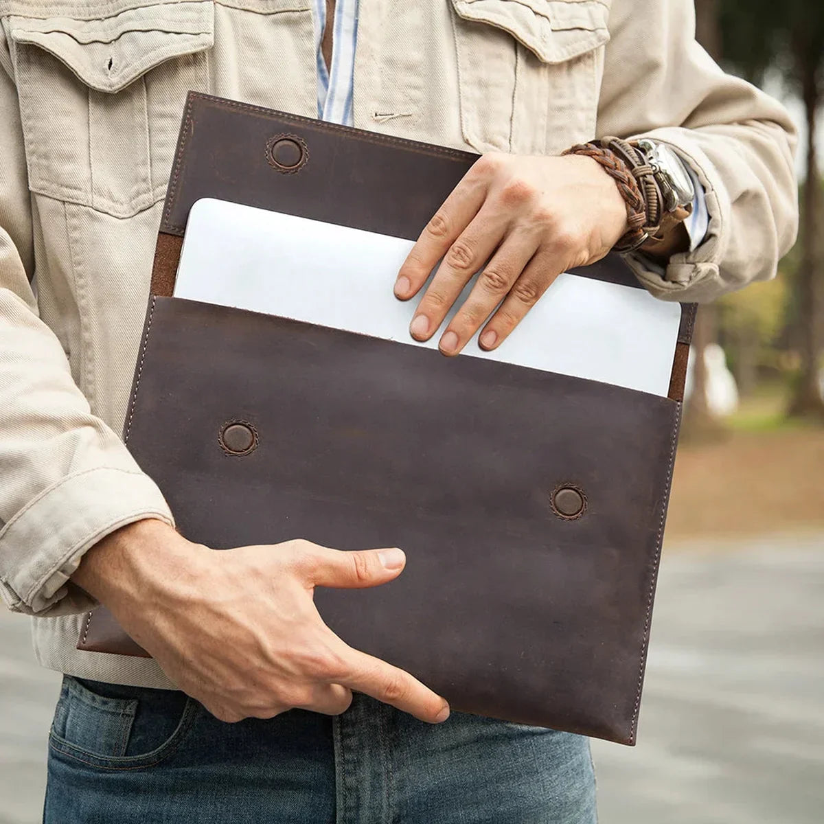 Crazy Horse Leather Laptop Sleeve - Magnetic Flap Case