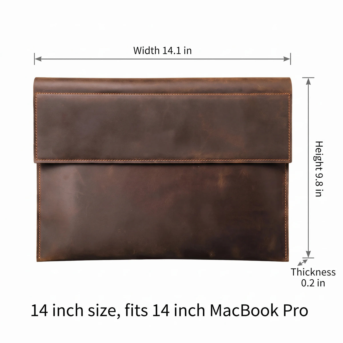 Crazy Horse Leather Laptop Sleeve - Magnetic Flap Case - Coffee / 14 inch