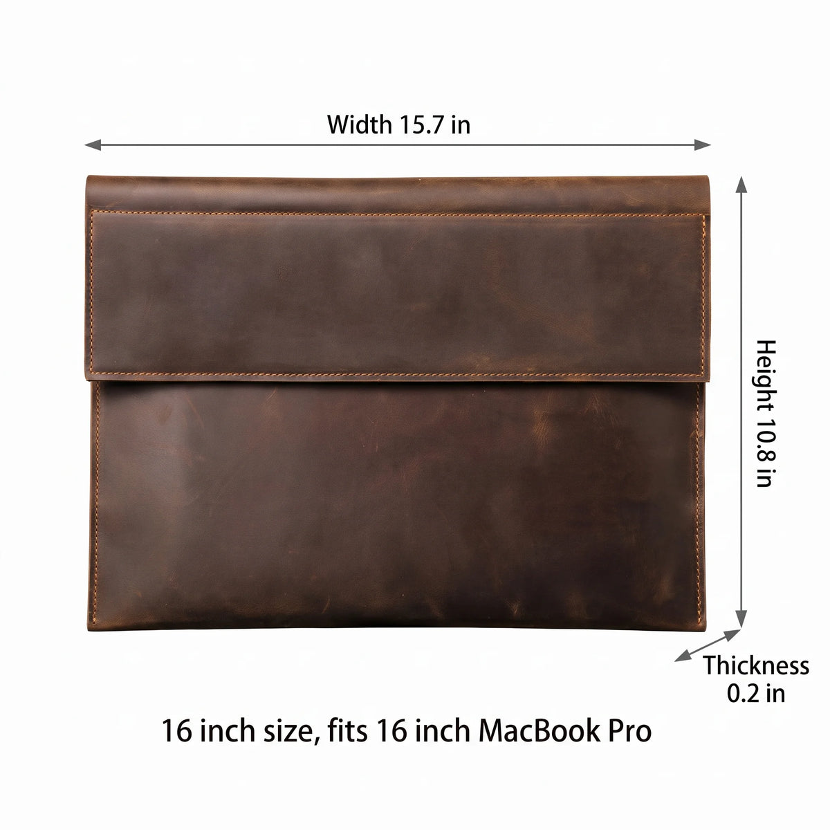 Crazy Horse Leather Laptop Sleeve - Magnetic Flap Case - Coffee / 16 inch