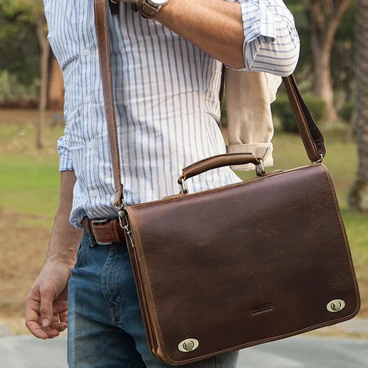 Leather Messenger Briefcase with Twist Locks