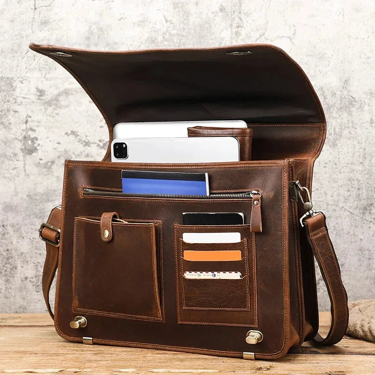 Leather Messenger Briefcase with Twist Locks