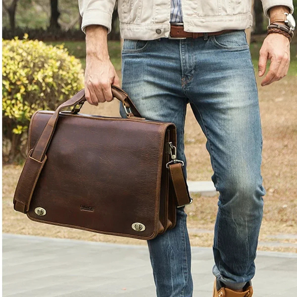 Leather Messenger Briefcase with Twist Locks