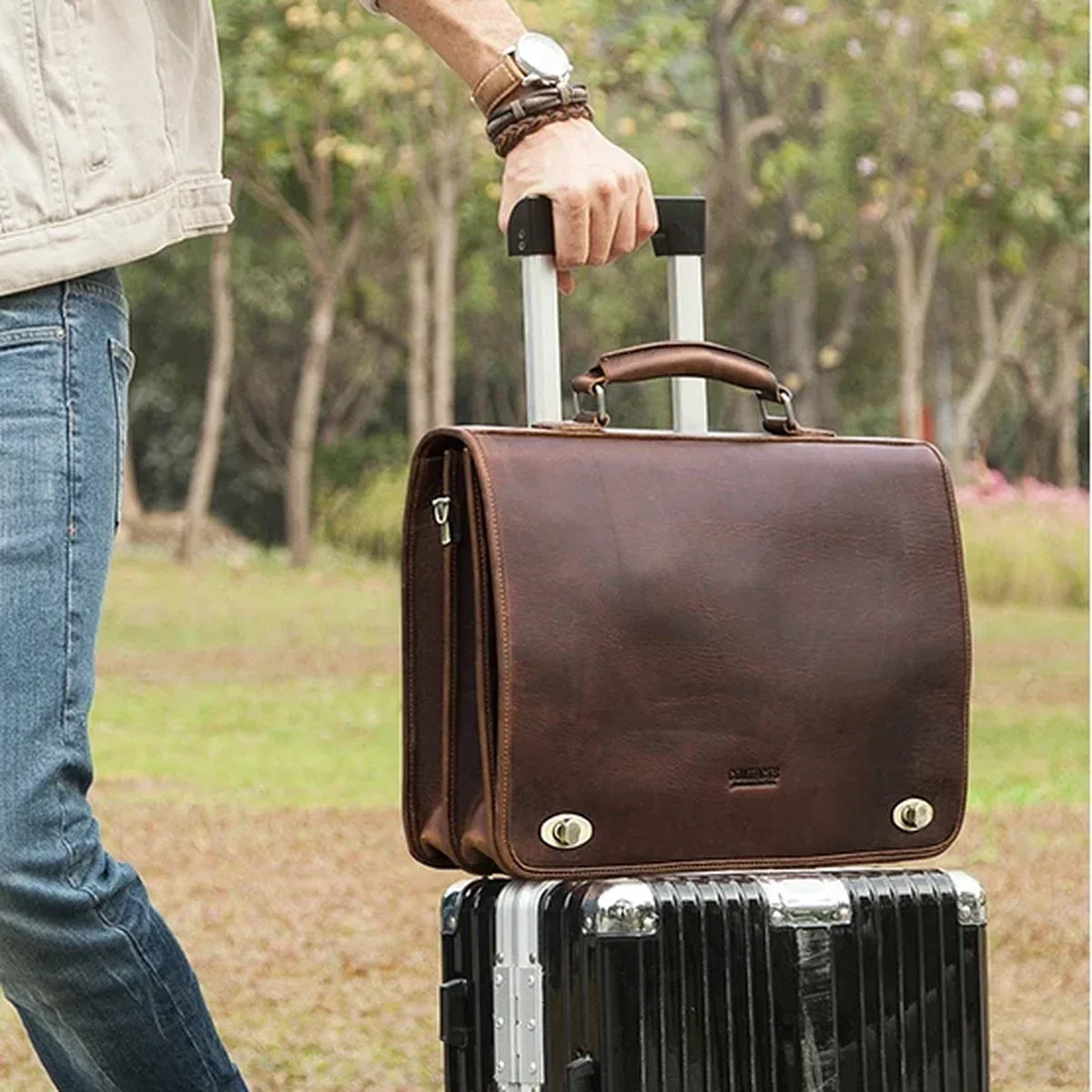 Leather Messenger Briefcase with Twist Locks