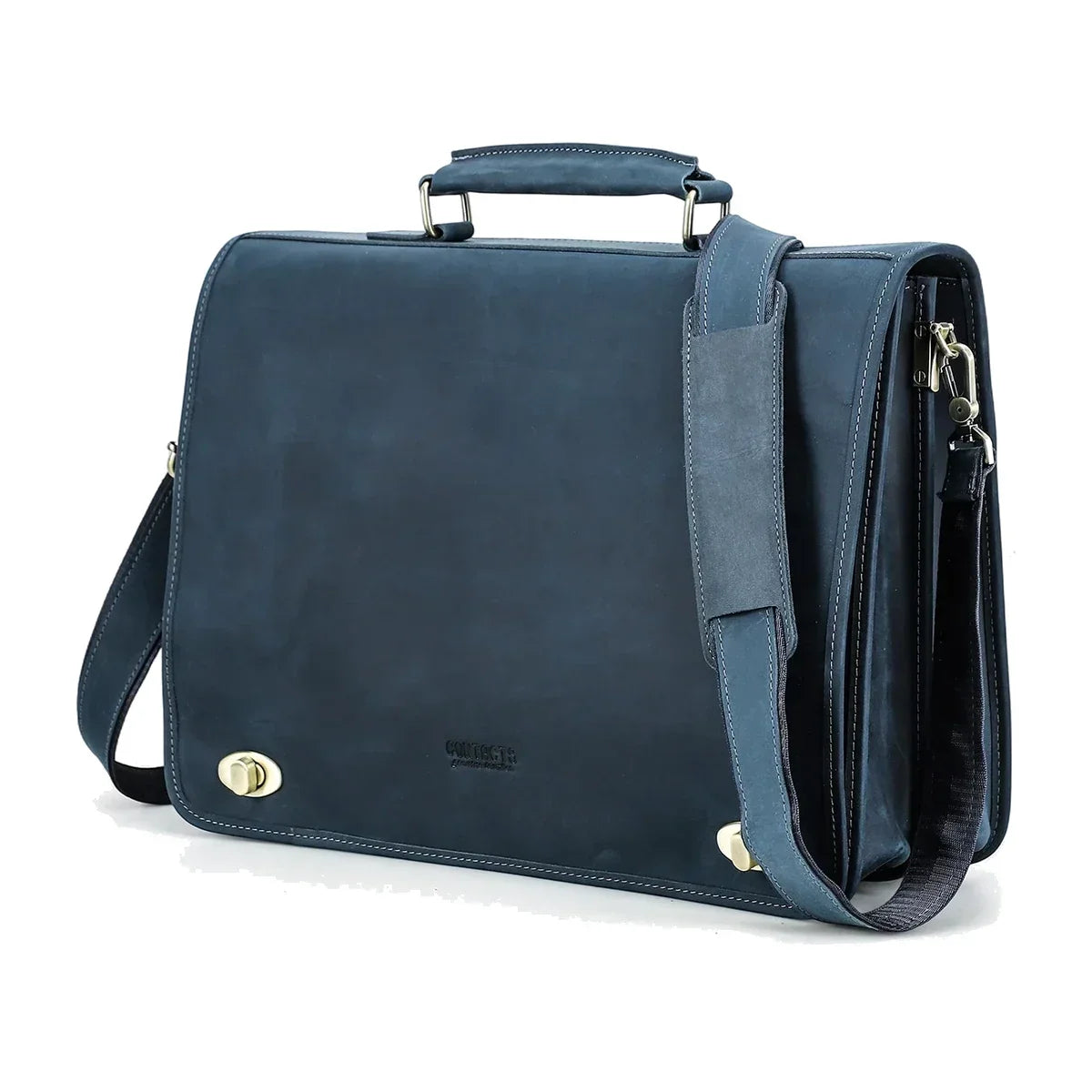 Leather Messenger Briefcase with Twist Locks - Blue