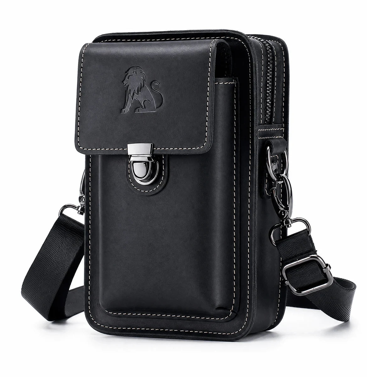 Black leather phone pouch with detachable shoulder strap