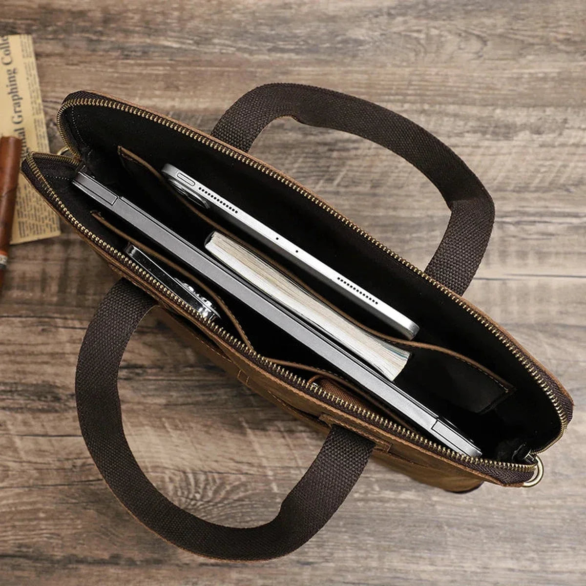 Crazy Horse Leather Slim Briefcase - Zip Laptop Bag with Shoulder Strap