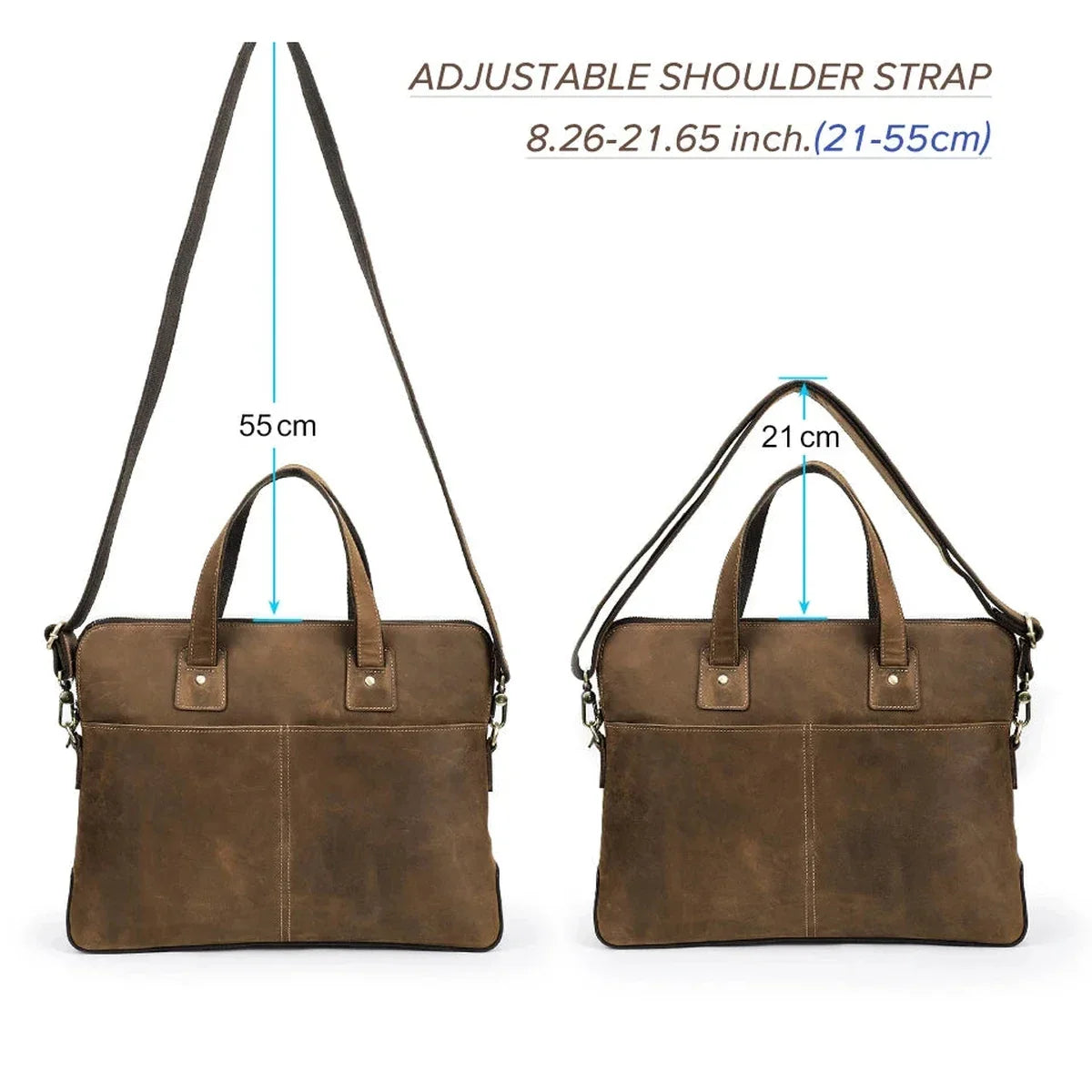 Crazy Horse Leather Slim Briefcase - Zip Laptop Bag with Shoulder Strap