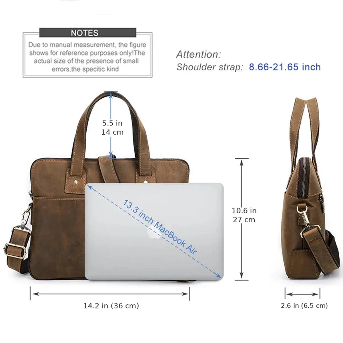 Crazy Horse Leather Slim Briefcase - Zip Laptop Bag with Shoulder Strap - 13.3 inch