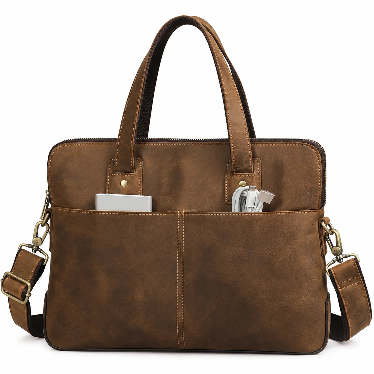 Crazy Horse Leather Slim Briefcase - Zip Laptop Bag with Shoulder Strap