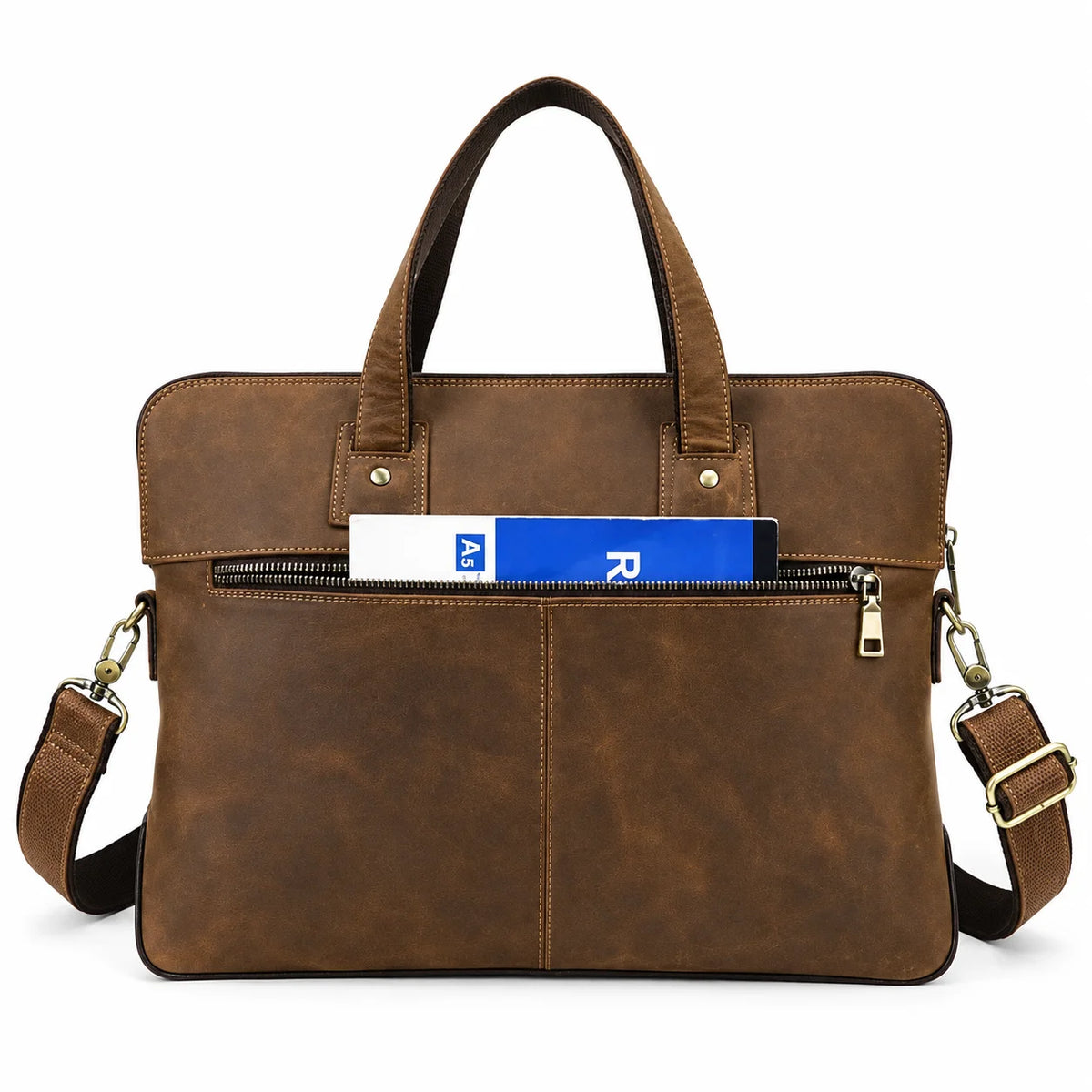Crazy Horse Leather Slim Briefcase - Zip Laptop Bag with Shoulder Strap