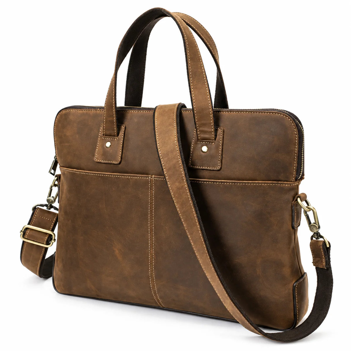 Crazy Horse Leather Slim Briefcase - Zip Laptop Bag with Shoulder Strap