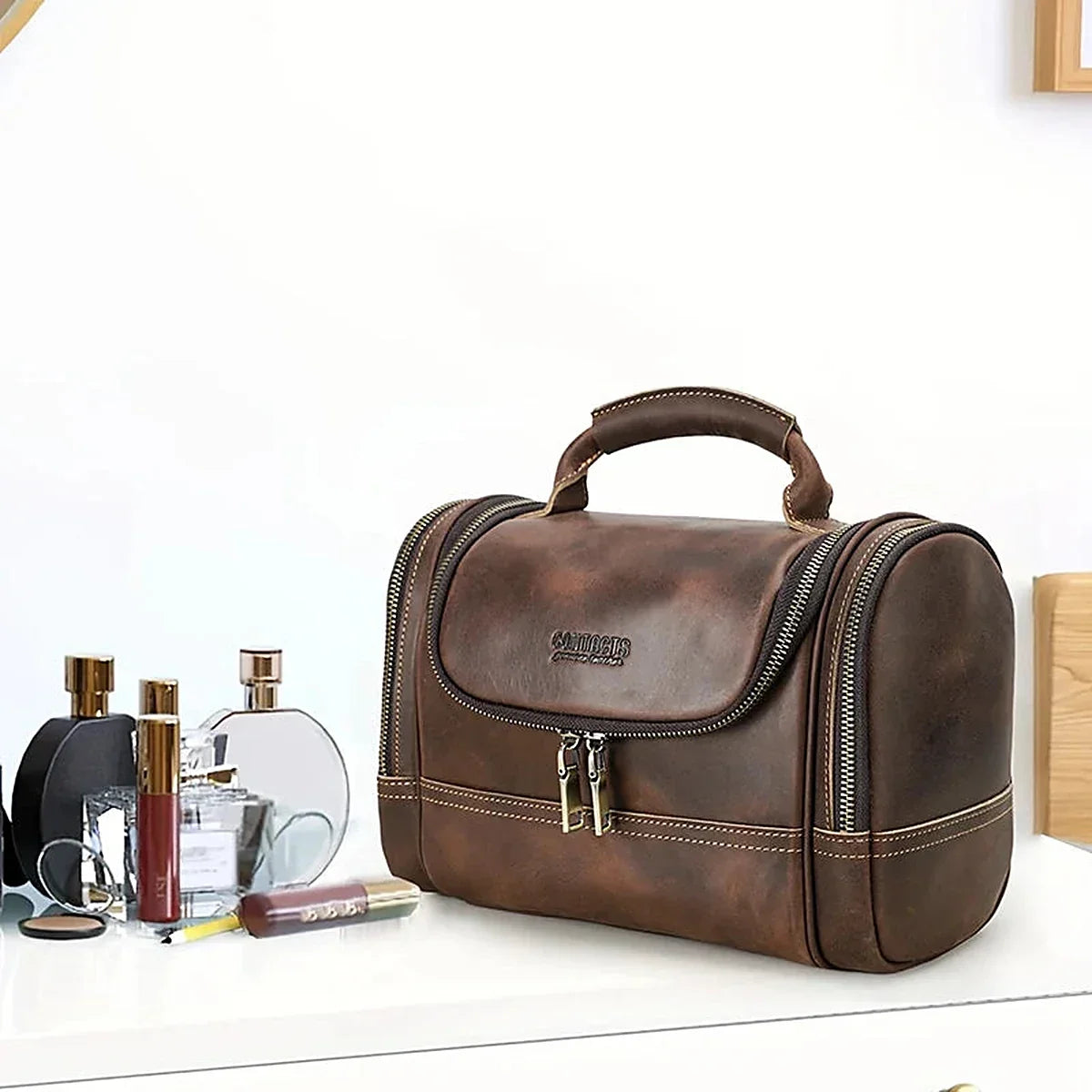 Crazy Horse Leather Toiletry Bag - Structured Top Handle Dopp Kit - Coffee
