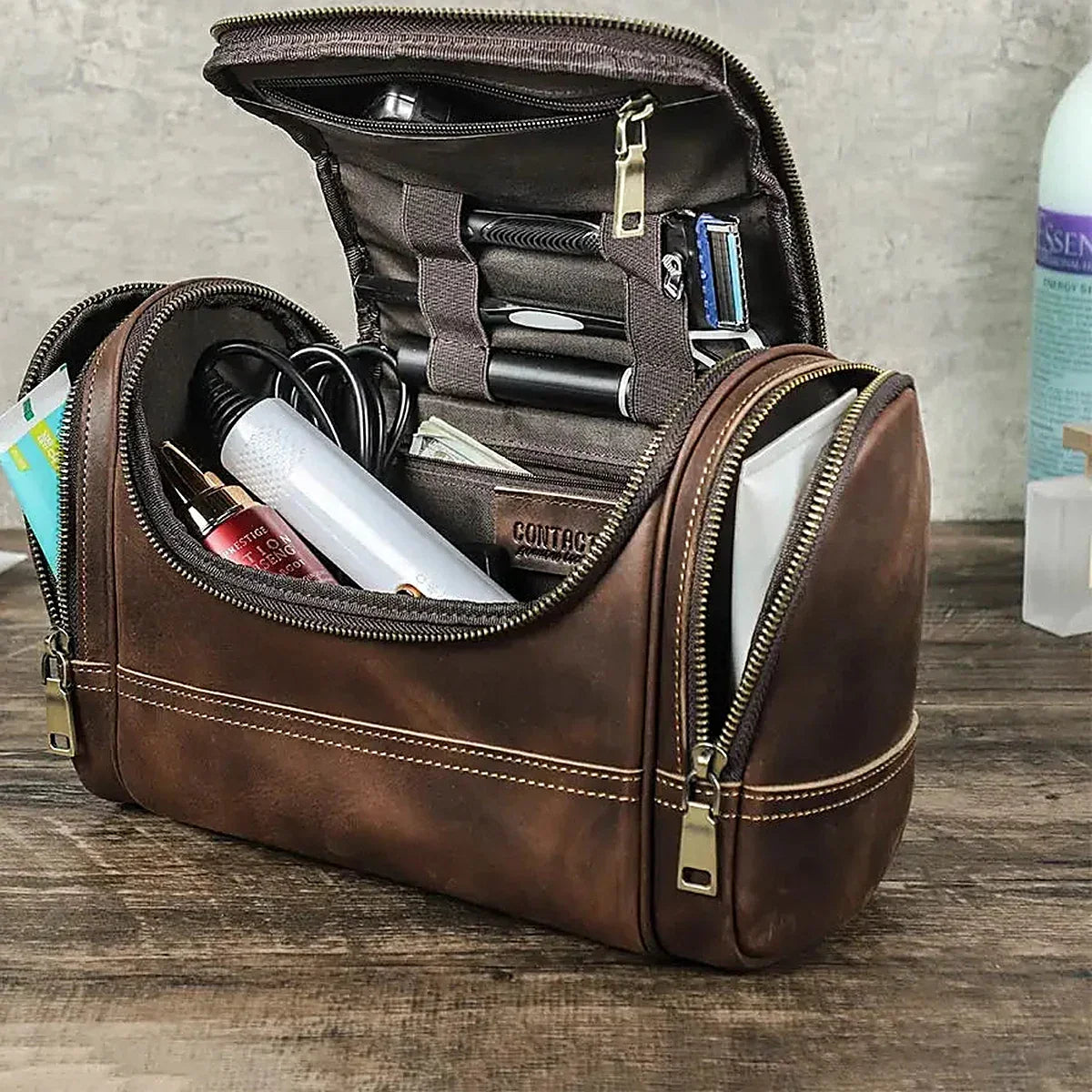 Crazy Horse Leather Toiletry Bag - Structured Top Handle Dopp Kit - Coffee