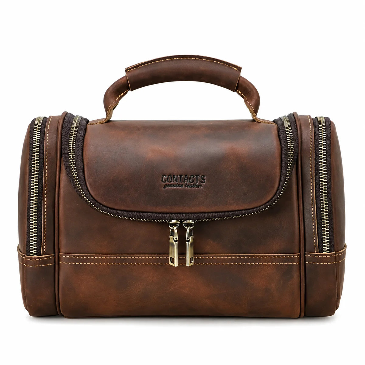 Crazy Horse Leather Toiletry Bag - Structured Top Handle Dopp Kit - Coffee