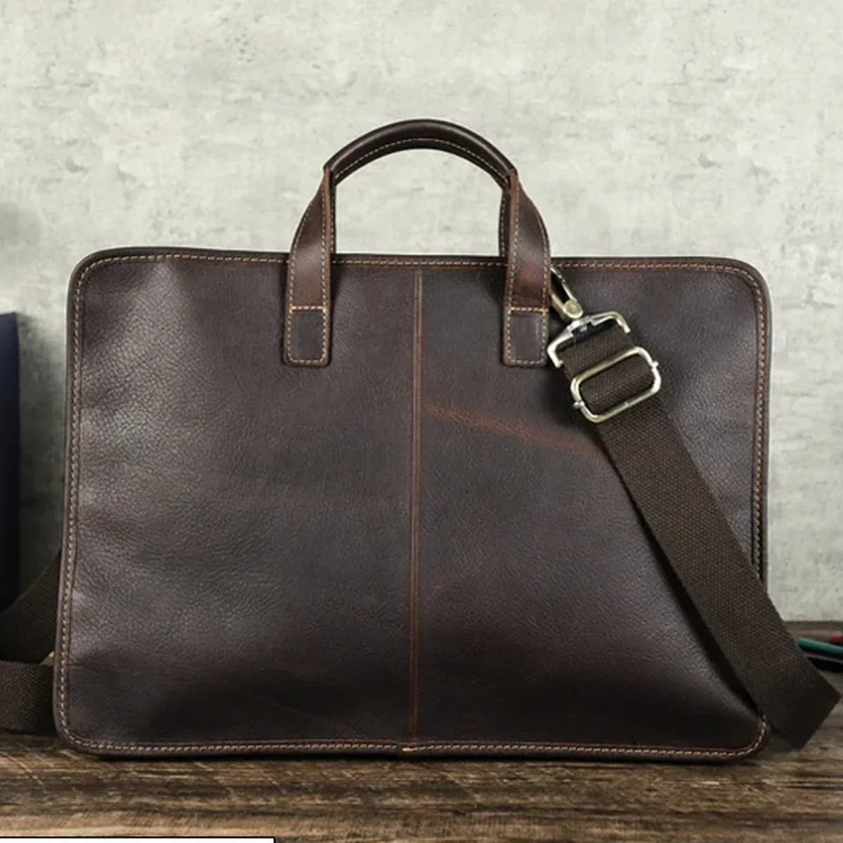 Men’s Leather Laptop Briefcase with 3 Zip Compartments for Work - Coffee